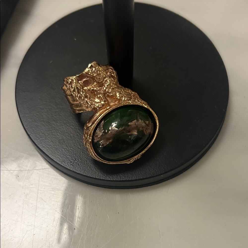 YSL VINTAGE Gold-Tone Statement Ring with Deep Green Oval Stone